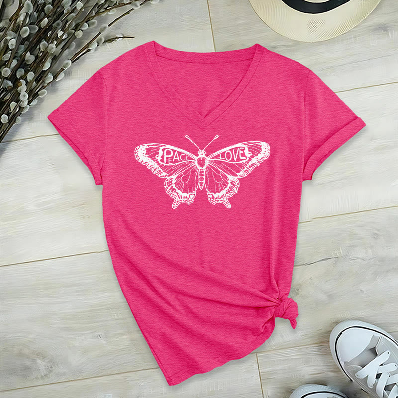 Olivenorma PEACE & LOVE Butterfly Short Sleeve V-Neck Tee Cotton T-Shirt - HotPink - 2XL - image 29