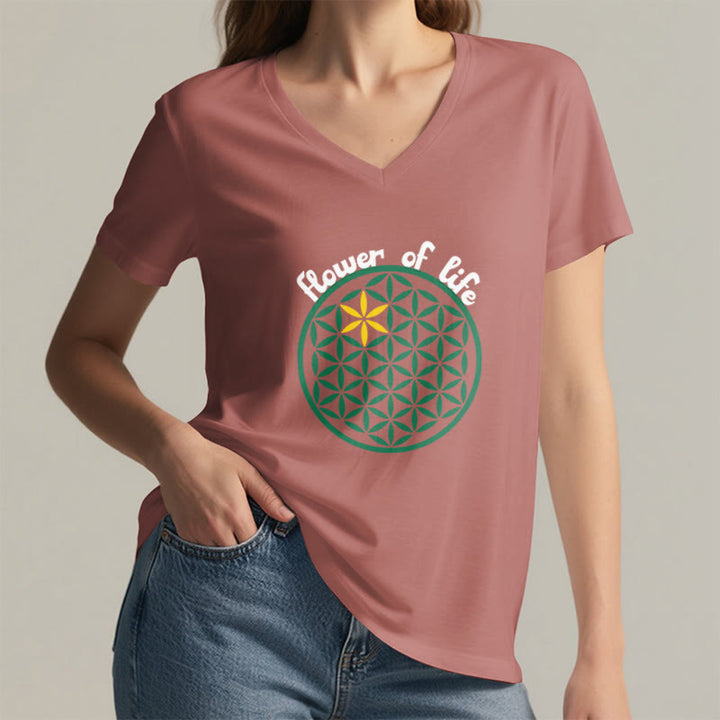 Olivenorma Flower of Life Boho Graphic Tees Casual V-Neck T-Shirt - image 26