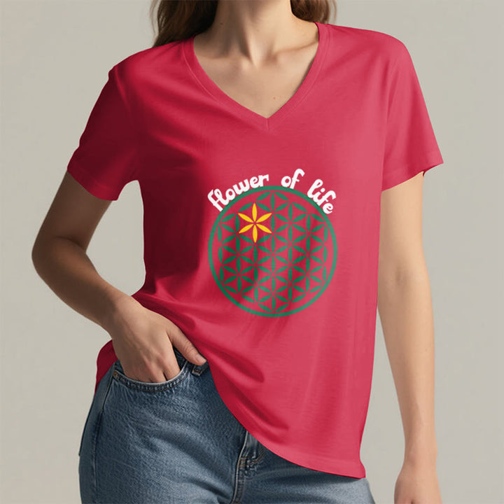 Olivenorma Flower of Life Boho Graphic Tees Casual V-Neck T-Shirt - image 28