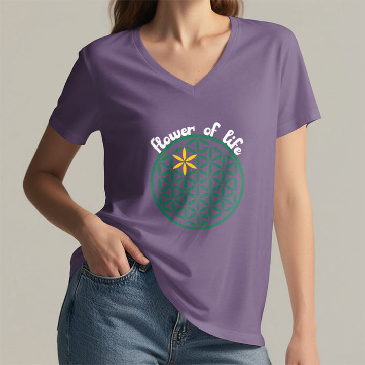 Olivenorma Flower of Life Boho Graphic Tees Casual V-Neck T-Shirt - image 18