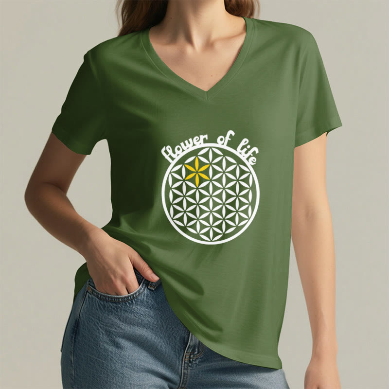 Olivenorma Flower of Life Boho Graphic Tees Casual V-Neck T-Shirt - image 24