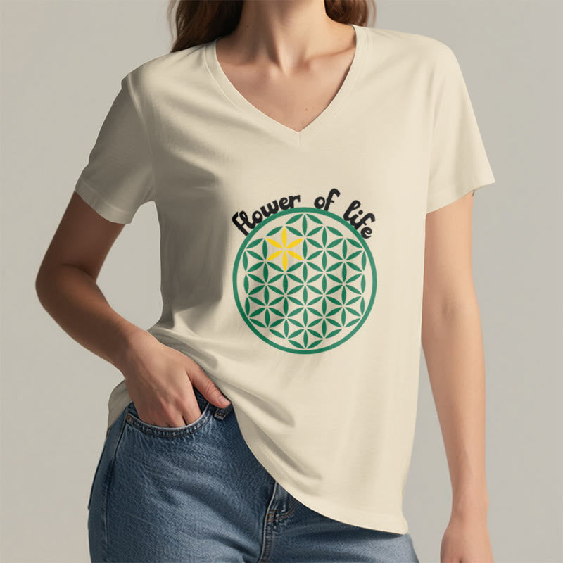 Olivenorma Flower of Life Boho Graphic Tees Casual V-Neck T-Shirt - image 1