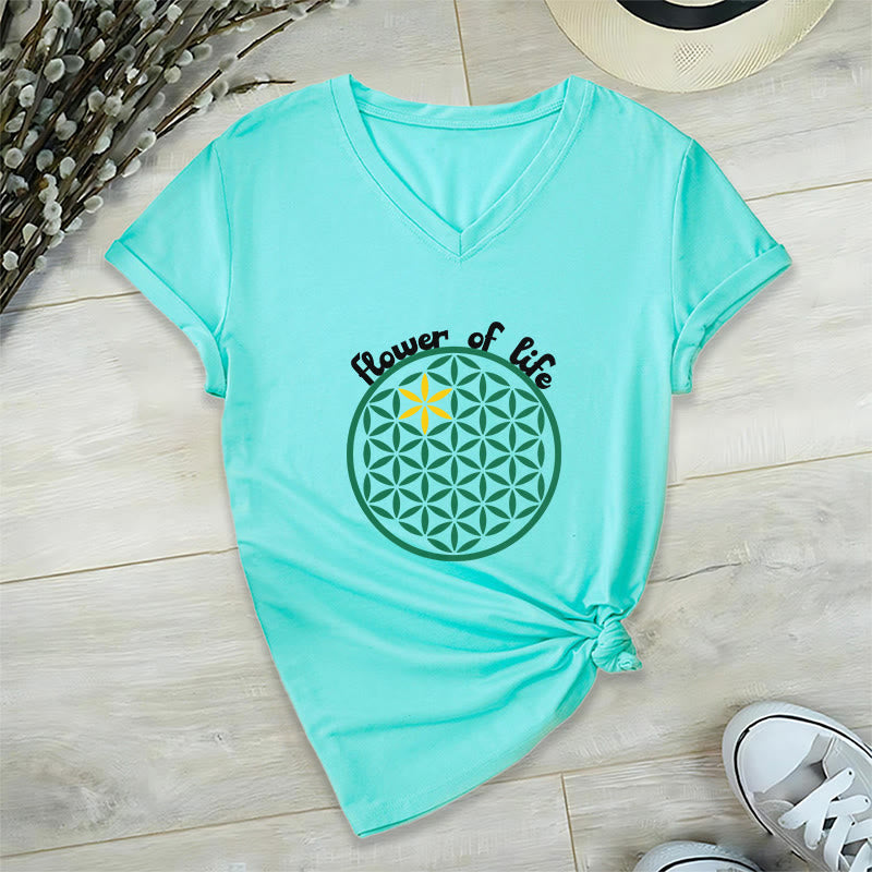 Olivenorma Flower of Life Boho Graphic Tees Casual V-Neck T-Shirt - Cyan - 2XL - image 13
