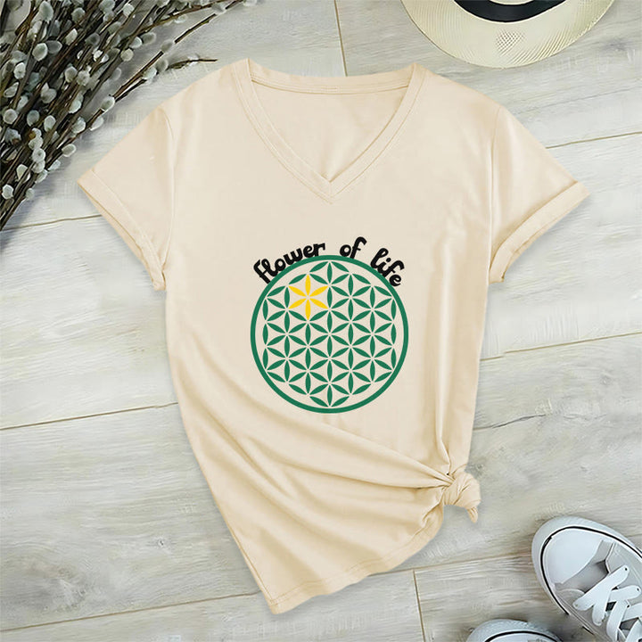 Olivenorma Flower of Life Boho Graphic Tees Casual V-Neck T-Shirt - Beige - 2XL - image 0