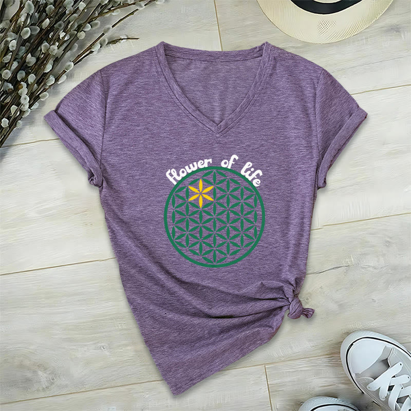 Olivenorma Flower of Life Boho Graphic Tees Casual V-Neck T-Shirt - Purple - 2XL - image 17