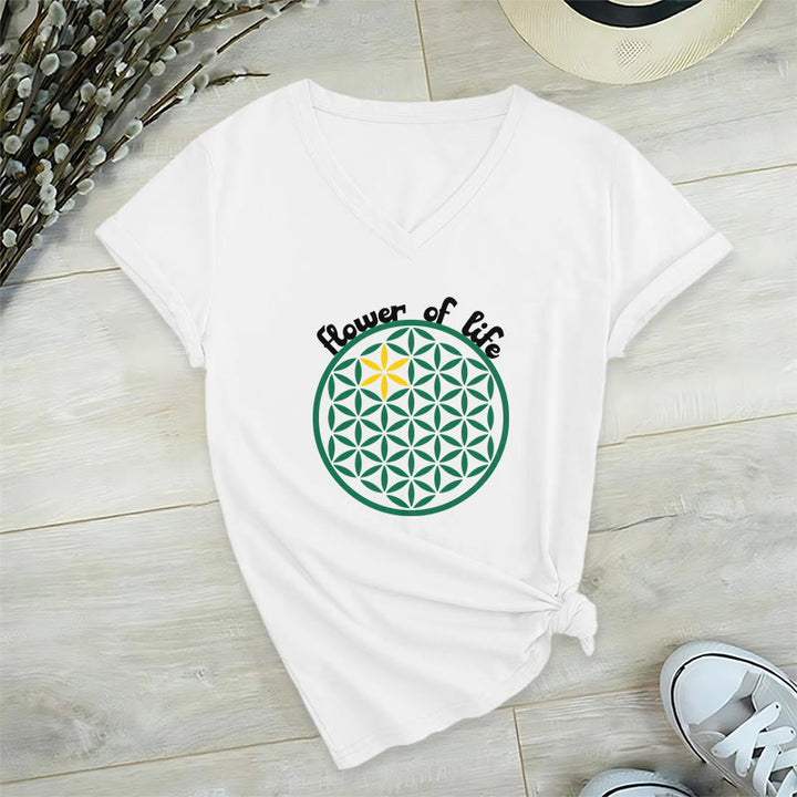 Olivenorma Flower of Life Boho Graphic Tees Casual V-Neck T-Shirt - White - 2XL - image 9