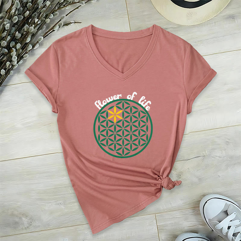 Olivenorma Flower of Life Boho Graphic Tees Casual V-Neck T-Shirt - Pink - 2XL - image 25