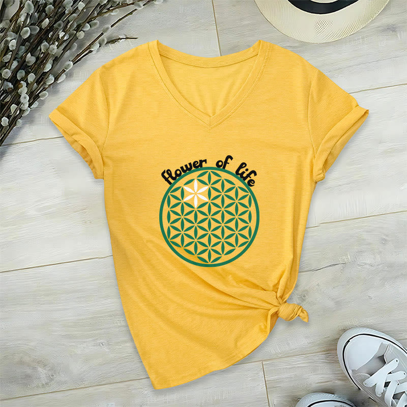 Olivenorma Flower of Life Boho Graphic Tees Casual V-Neck T-Shirt - Yellow - 2XL - image 11