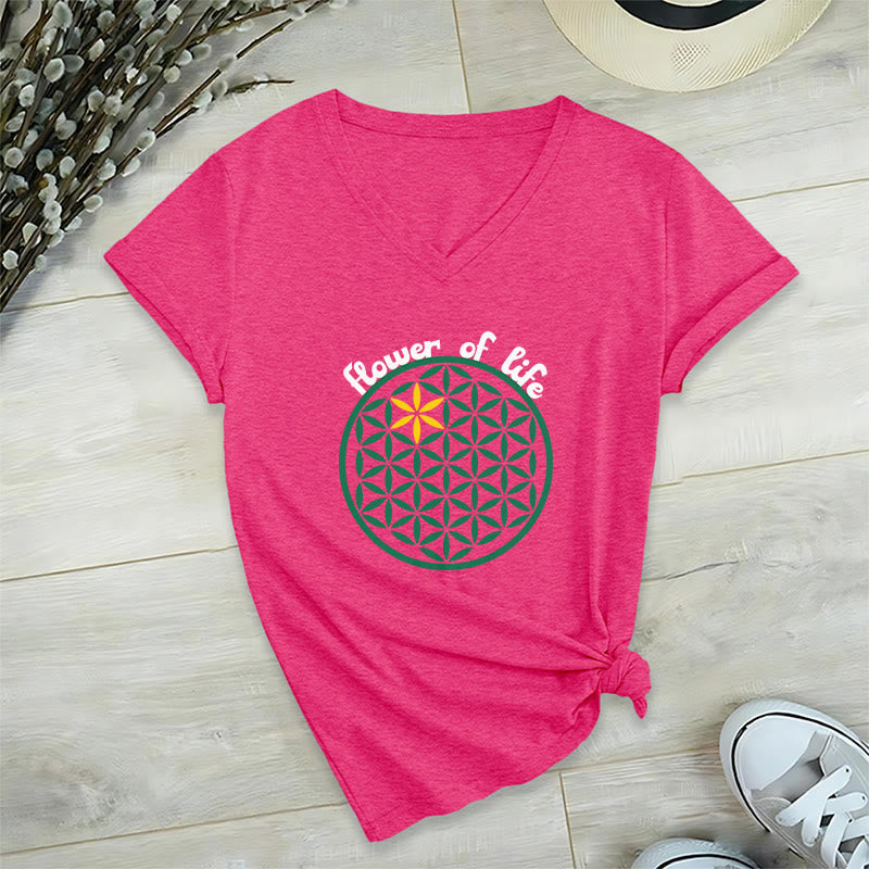 Olivenorma Flower of Life Boho Graphic Tees Casual V-Neck T-Shirt - HotPink - 2XL - image 29