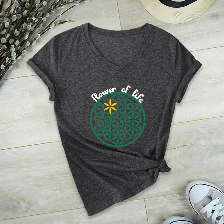 Olivenorma Flower of Life Boho Graphic Tees Casual V-Neck T-Shirt - Grey - 2XL - image 21