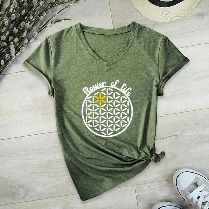 Olivenorma Flower of Life Boho Graphic Tees Casual V-Neck T-Shirt - Olive - 2XL - image 23