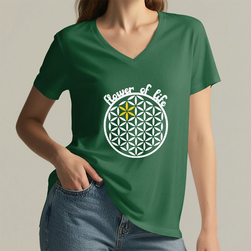Olivenorma Flower of Life Boho Graphic Tees Casual V-Neck T-Shirt - image 16