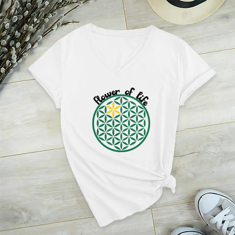 Olivenorma Flower of Life Boho Graphic Tees Casual V-Neck T-Shirt - White - 2XL - image 9