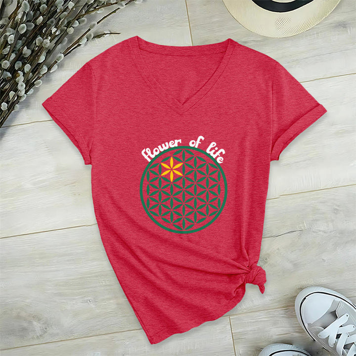 Olivenorma Flower of Life Boho Graphic Tees Casual V-Neck T-Shirt - Red - 2XL - image 27