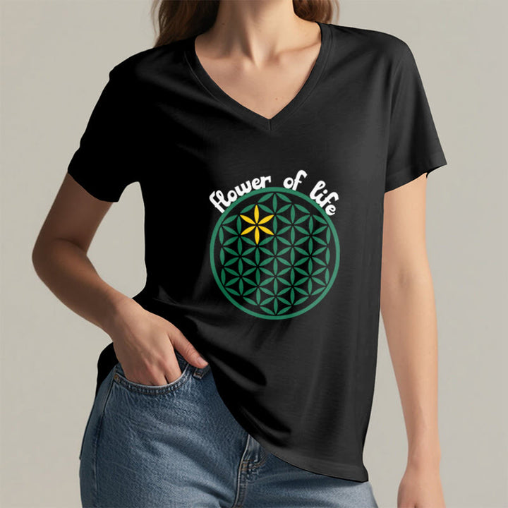 Olivenorma Flower of Life Boho Graphic Tees Casual V-Neck T-Shirt - image 8