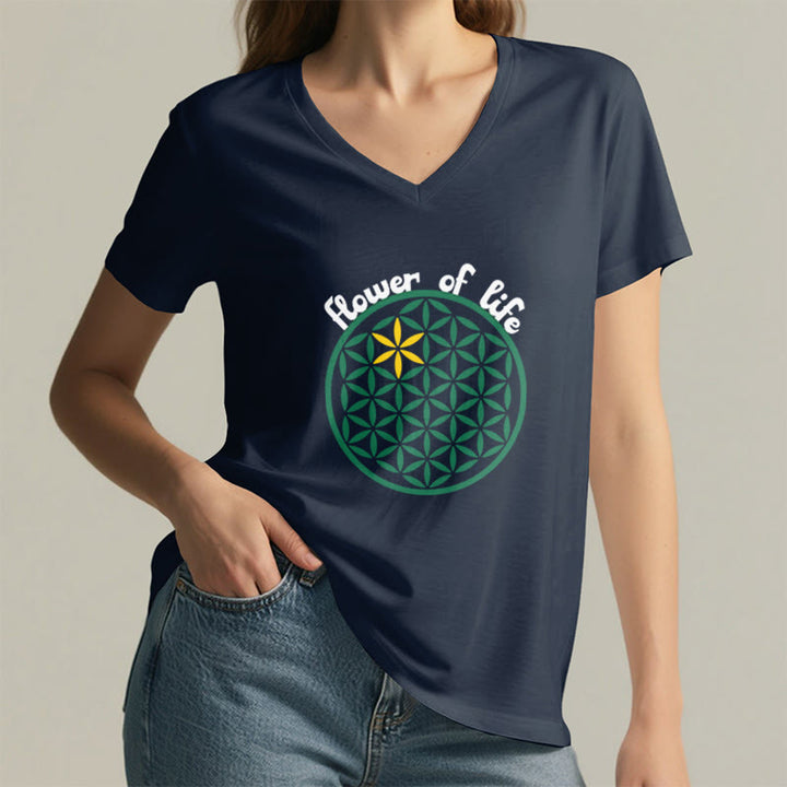 Olivenorma Flower of Life Boho Graphic Tees Casual V-Neck T-Shirt - image 20