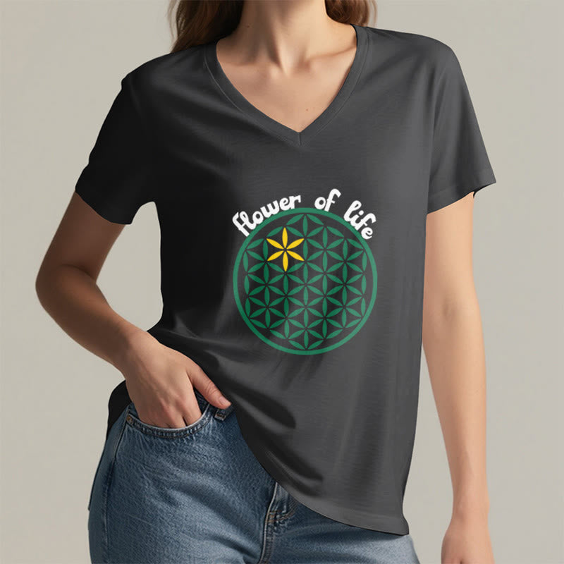 Olivenorma Flower of Life Boho Graphic Tees Casual V-Neck T-Shirt - image 22