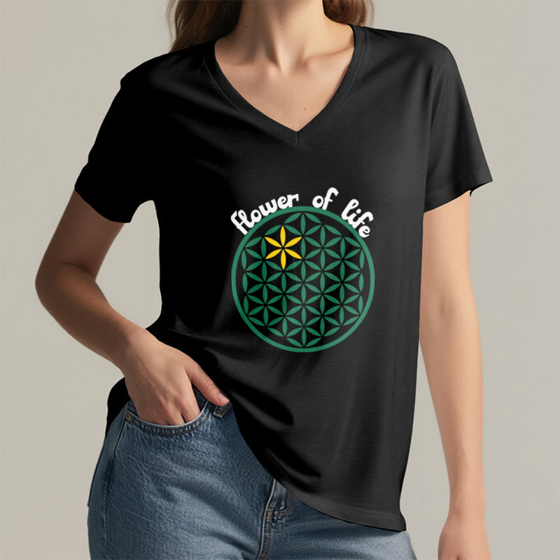 Olivenorma Flower of Life Boho Graphic Tees Casual V-Neck T-Shirt - image 8
