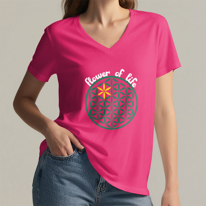 Olivenorma Flower of Life Boho Graphic Tees Casual V-Neck T-Shirt - image 30
