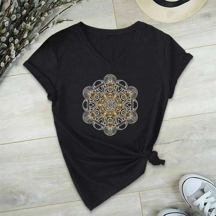 Olivenorma Soft Graphic Tee Metatron's Cube V-Neck Spiritual T-Shirts - Black - 2XL - image 0