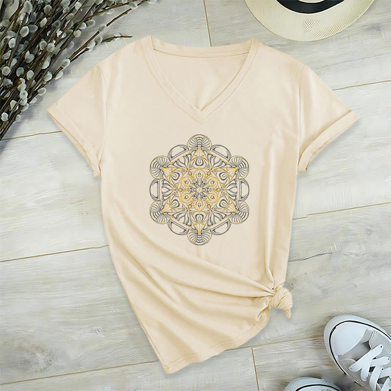 Olivenorma Soft Graphic Tee Metatron's Cube V-Neck Spiritual T-Shirts - Beige - 2XL - image 11