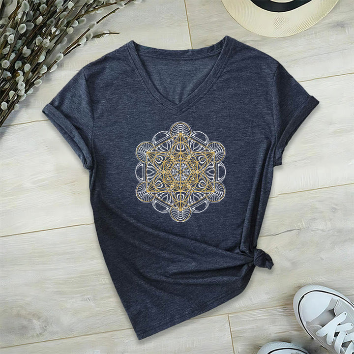 Olivenorma Soft Graphic Tee Metatron's Cube V-Neck Spiritual T-Shirts - Navy - 2XL - image 15