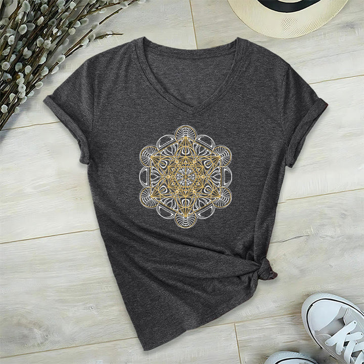Olivenorma Soft Graphic Tee Metatron's Cube V-Neck Spiritual T-Shirts - Grey - 2XL - image 13