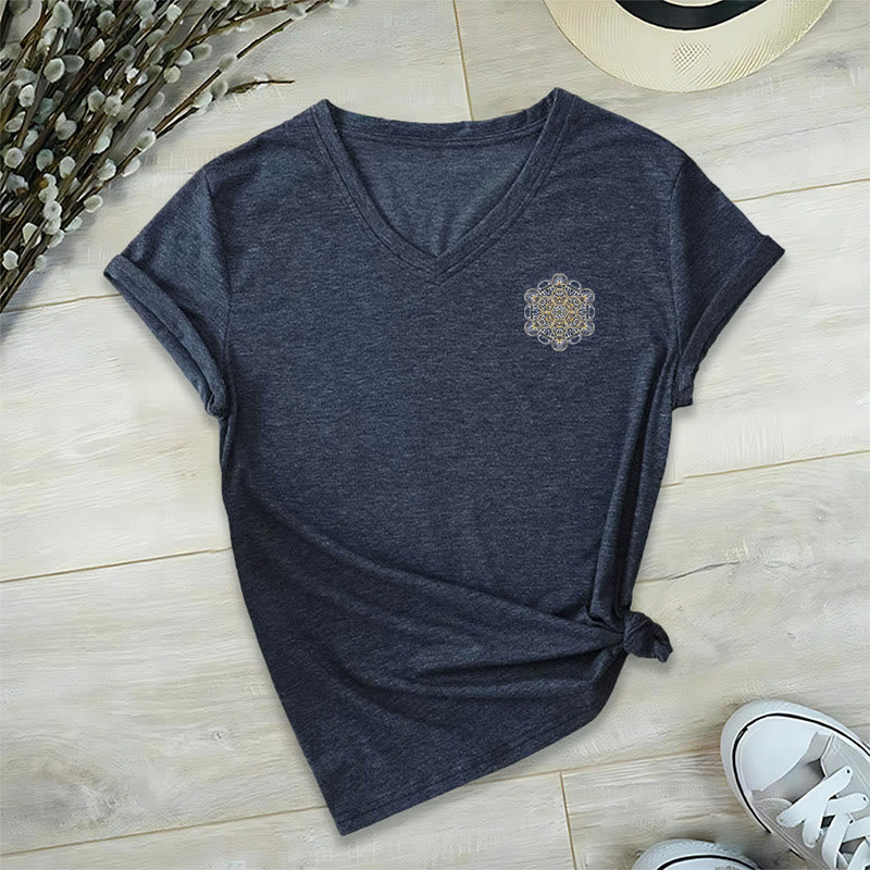Olivenorma Metatron's Cube Double-Sided Printed Geometric V-Neck T-Shirt  - image 3