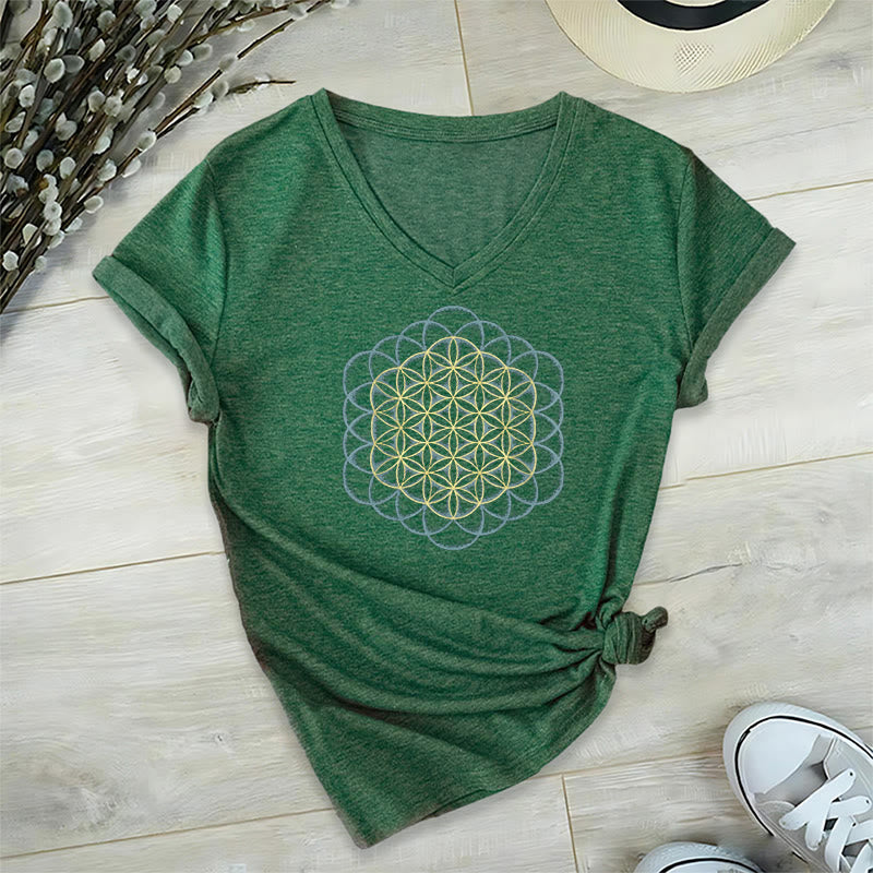 Olivenorma Flower Of Life Ward Off Evil Dreamcatcher Printed Geometry V-Neck T-Shirt - Green - 2XL - image 19
