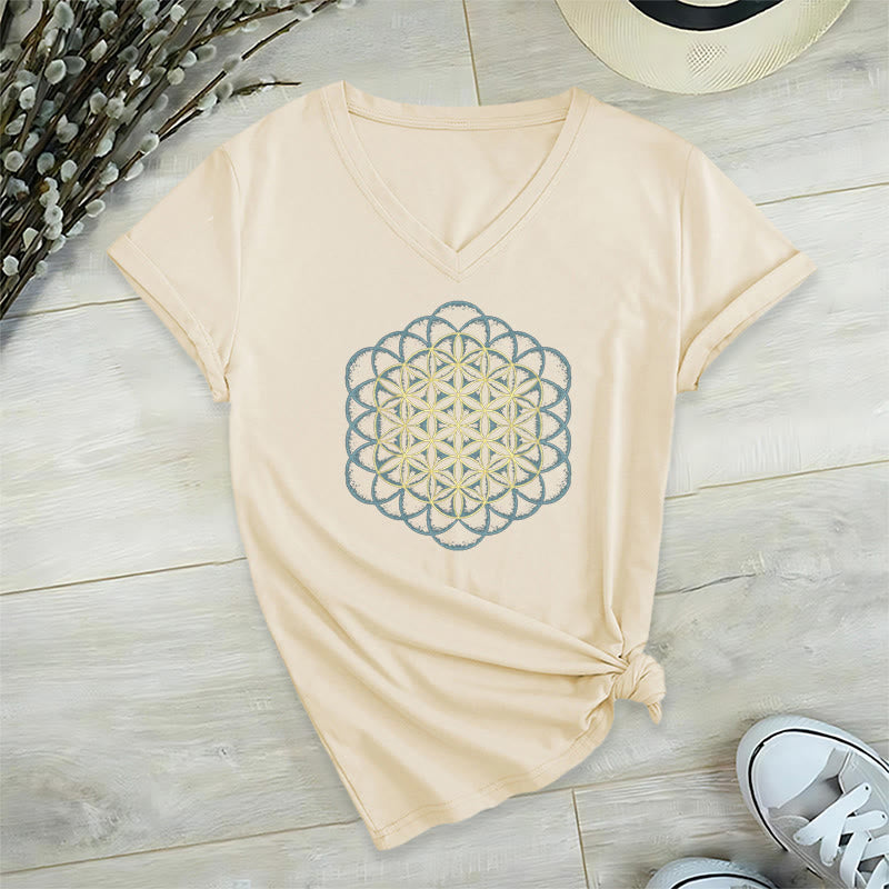 Olivenorma Flower Of Life Ward Off Evil Dreamcatcher Printed Geometry V-Neck T-Shirt - Beige - 2XL - image 15