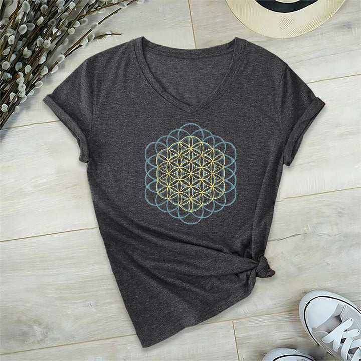 Olivenorma Flower Of Life Ward Off Evil Dreamcatcher Printed Geometry V-Neck T-Shirt - Grey - 2XL - image 11