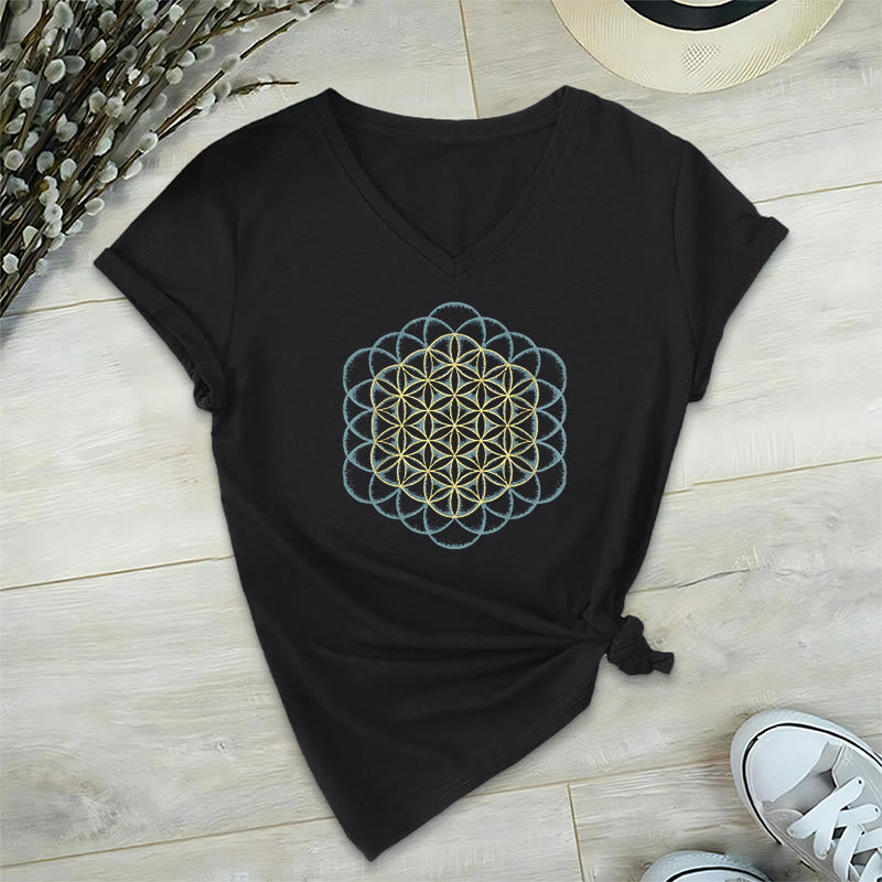 Olivenorma Flower Of Life Ward Off Evil Dreamcatcher Printed Geometry V-Neck T-Shirt - Black - 2XL - image 9