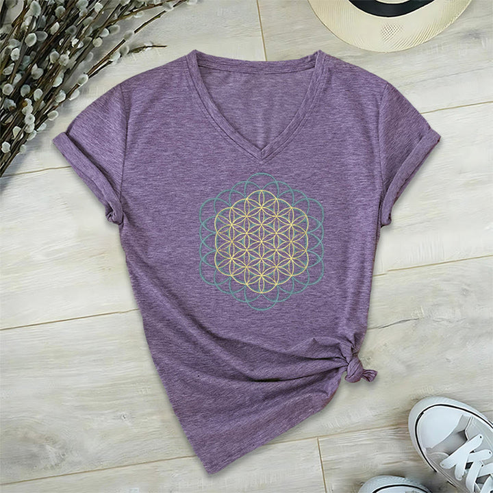 Olivenorma Flower Of Life Ward Off Evil Dreamcatcher Printed Geometry V-Neck T-Shirt - Purple - 2XL - image 0