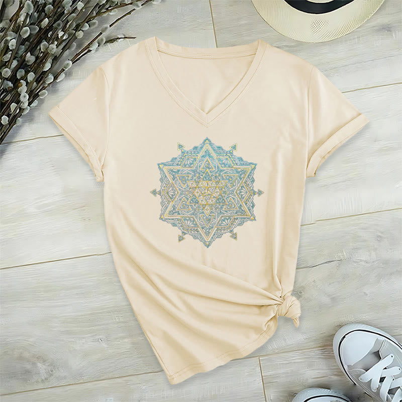 Olivenorma Metatro's Cube Symbol Sacred Geometry Healing Tee V-Neck Spiritual T-Shirt - Beige - 2XL - image 14