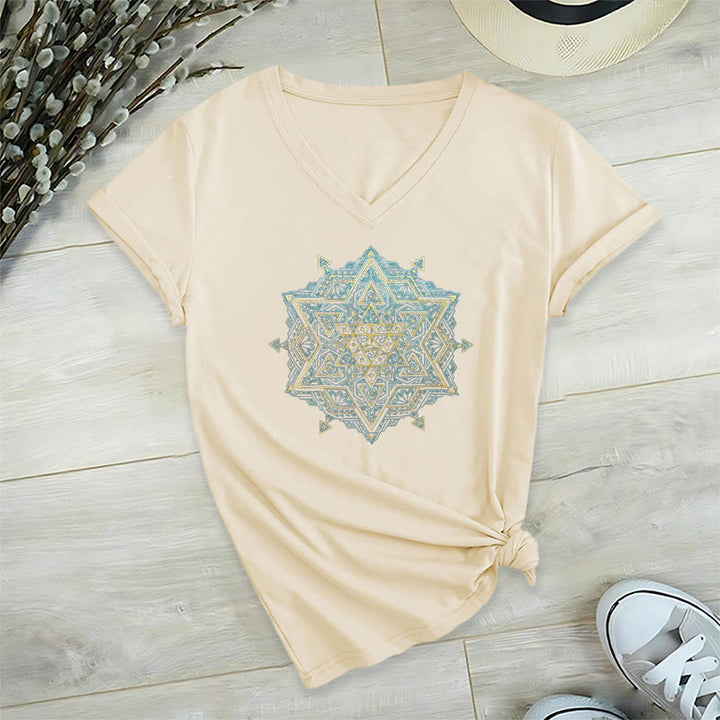 Olivenorma Metatro's Cube Symbol Sacred Geometry Healing Tee V-Neck Spiritual T-Shirt - Beige - 2XL - image 14