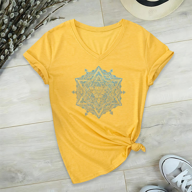 Olivenorma Metatro's Cube Symbol Sacred Geometry Healing Tee V-Neck Spiritual T-Shirt - Yellow - 2XL - image 16