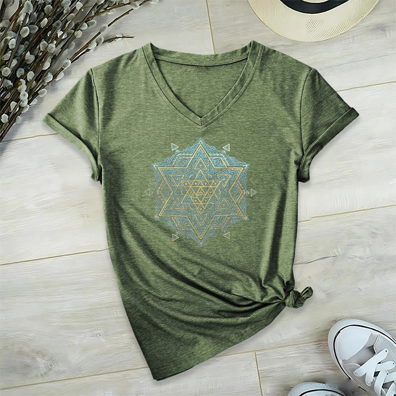 Olivenorma Metatro's Cube Symbol Sacred Geometry Healing Tee V-Neck Spiritual T-Shirt - Olive - 2XL - image 26