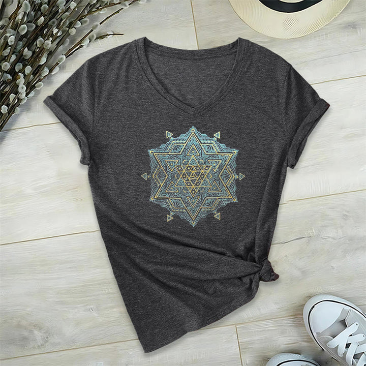 Olivenorma Metatro's Cube Symbol Sacred Geometry Healing Tee V-Neck Spiritual T-Shirt - Grey - 2XL - image 0