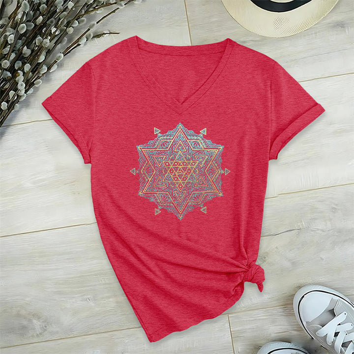 Olivenorma Metatro's Cube Symbol Sacred Geometry Healing Tee V-Neck Spiritual T-Shirt - Red - 2XL - image 30