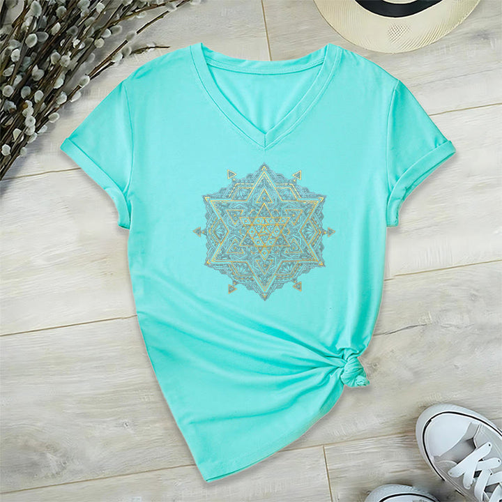 Olivenorma Metatro's Cube Symbol Sacred Geometry Healing Tee V-Neck Spiritual T-Shirt - Cyan - 2XL - image 18