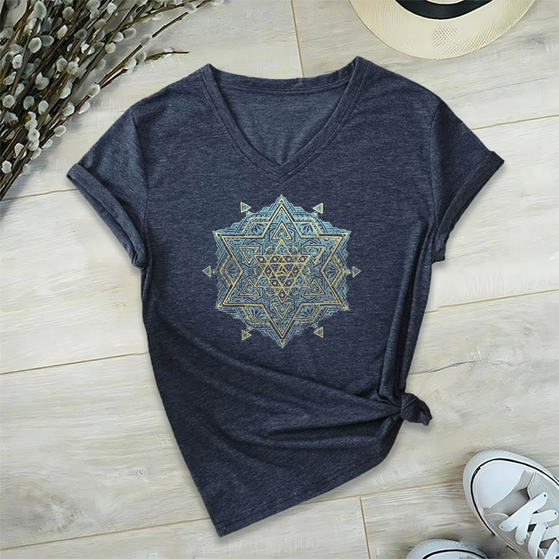 Olivenorma Metatro's Cube Symbol Sacred Geometry Healing Tee V-Neck Spiritual T-Shirt - Navy - 2XL - image 20