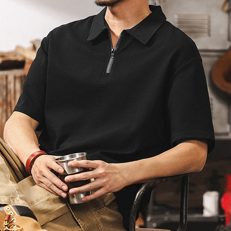 Olivenorma Mens Short Sleeve Cotton Blend Zip Closure Loose Fit Polo Shirt - Black - 4XL - image 8
