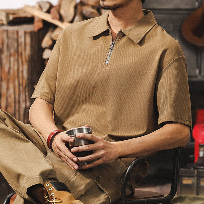 Olivenorma Mens Short Sleeve Cotton Blend Zip Closure Loose Fit Polo Shirt - Peru - 4XL - image 0