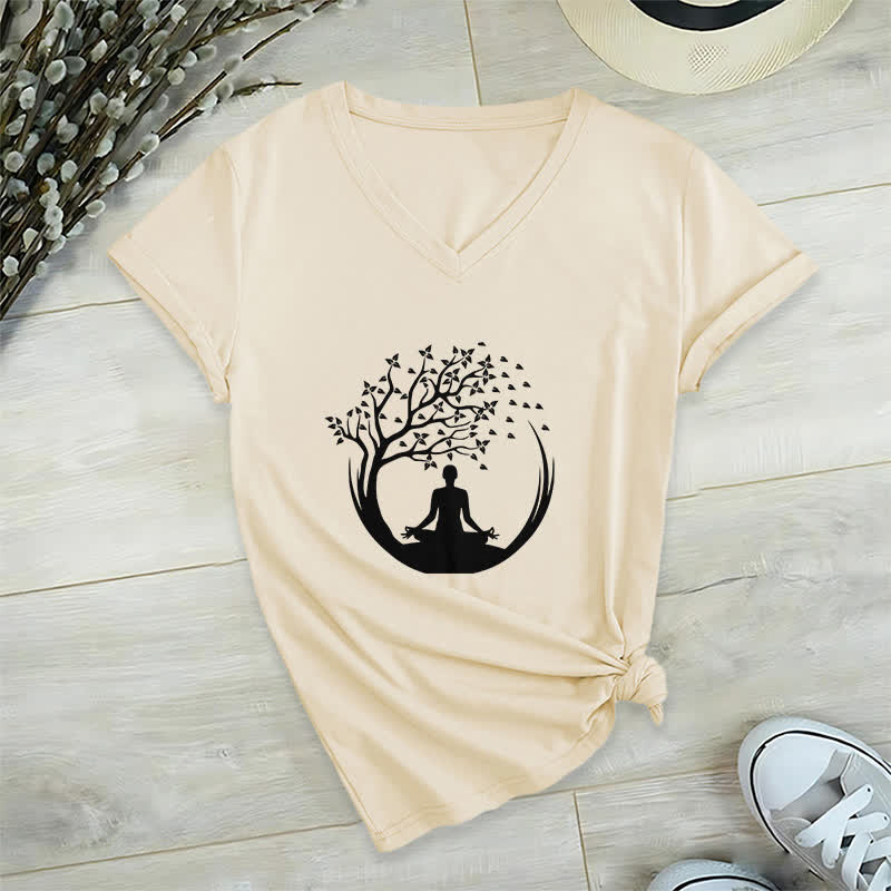 Olivenorma Yoga Meditation Pilates Namaste V-Neck T-Shirt - Khaki - 2XL - image 21