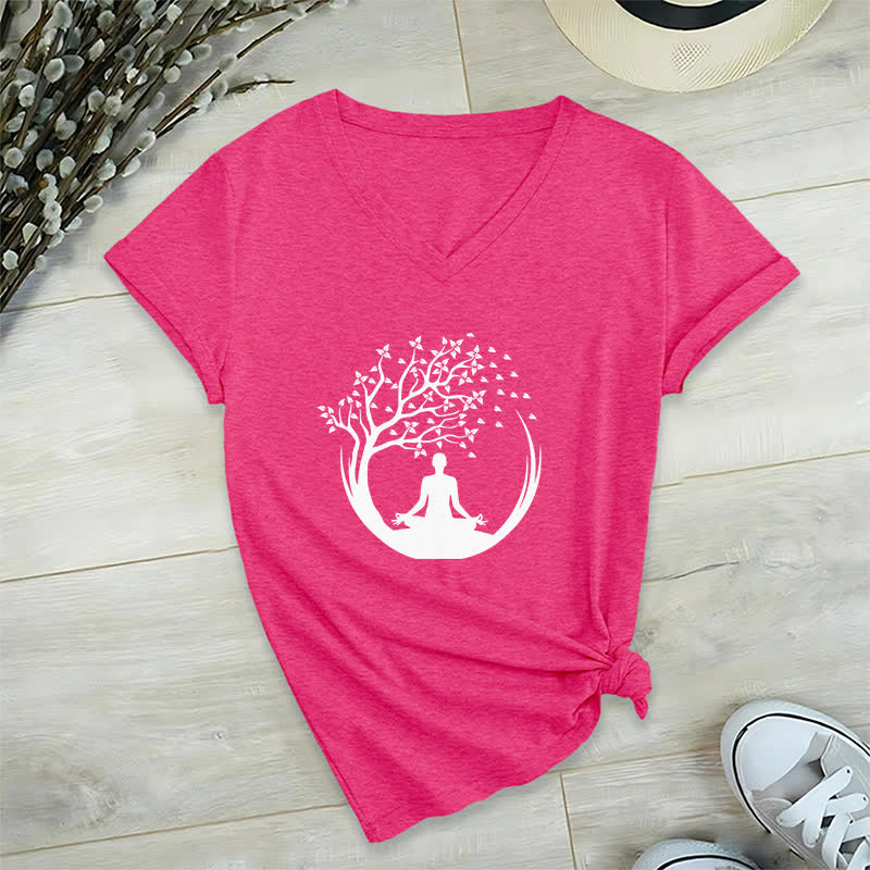 Olivenorma Yoga Meditation Pilates Namaste V-Neck T-Shirt - Rose Red - 2XL - image 19