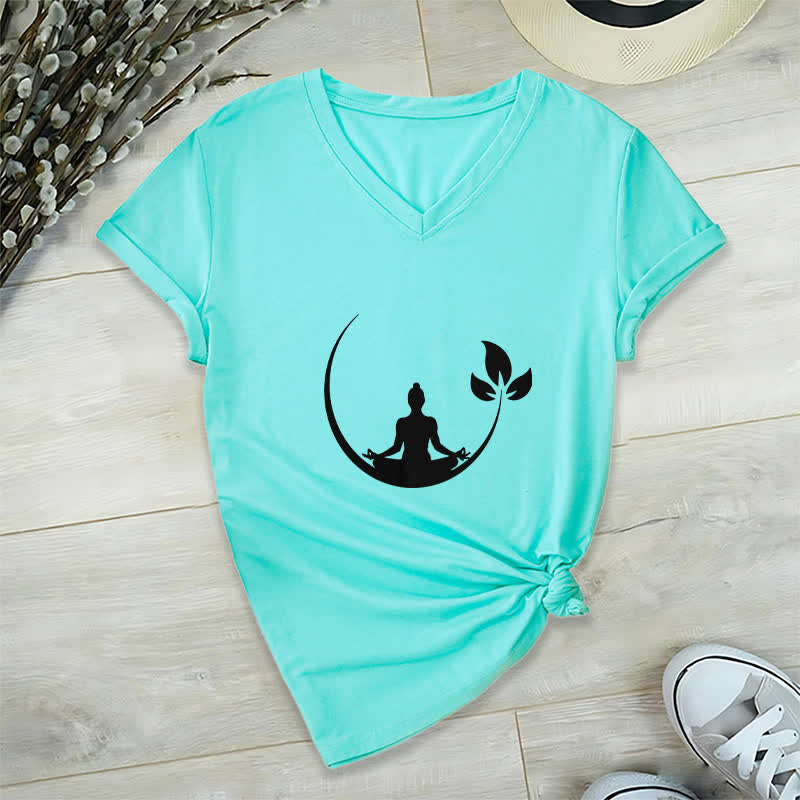 Olivenorma Yoga Lotus Buddha Meditation V-Neck T-Shirt - Lake Blue - 2XL - image 24