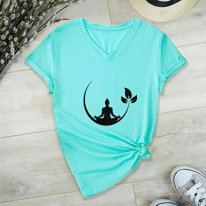Olivenorma Yoga Lotus Buddha Meditation V-Neck T-Shirt - Lake Blue - 2XL - image 24