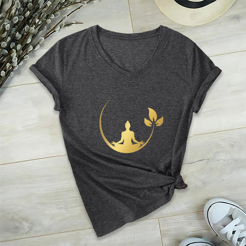 Olivenorma Yoga Lotus Buddha Meditation V-Neck T-Shirt - Gray - 2XL - image 12