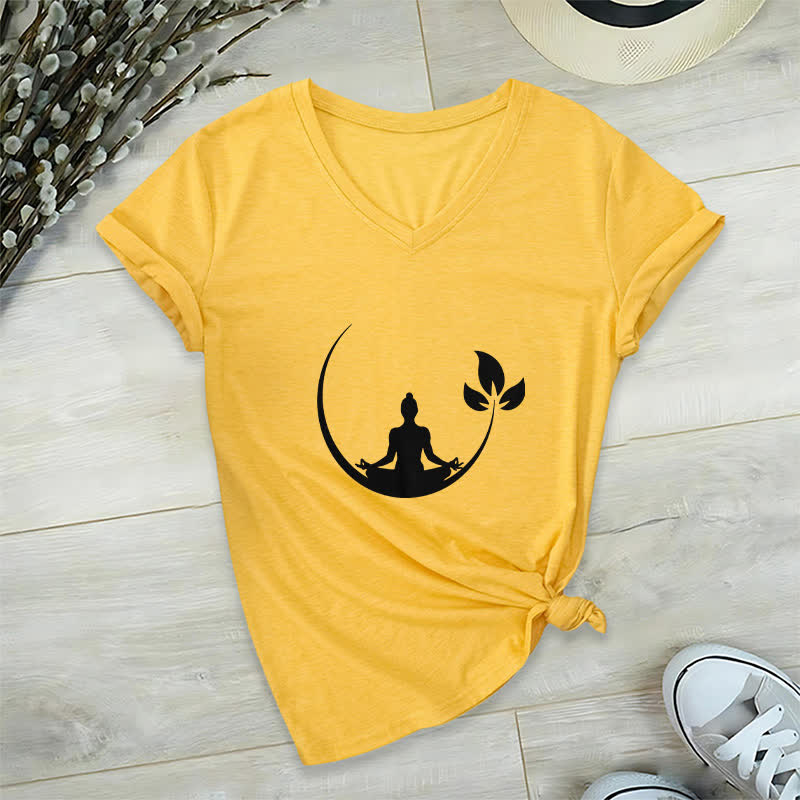 Olivenorma Yoga Lotus Buddha Meditation V-Neck T-Shirt - Yellow - 2XL - image 0