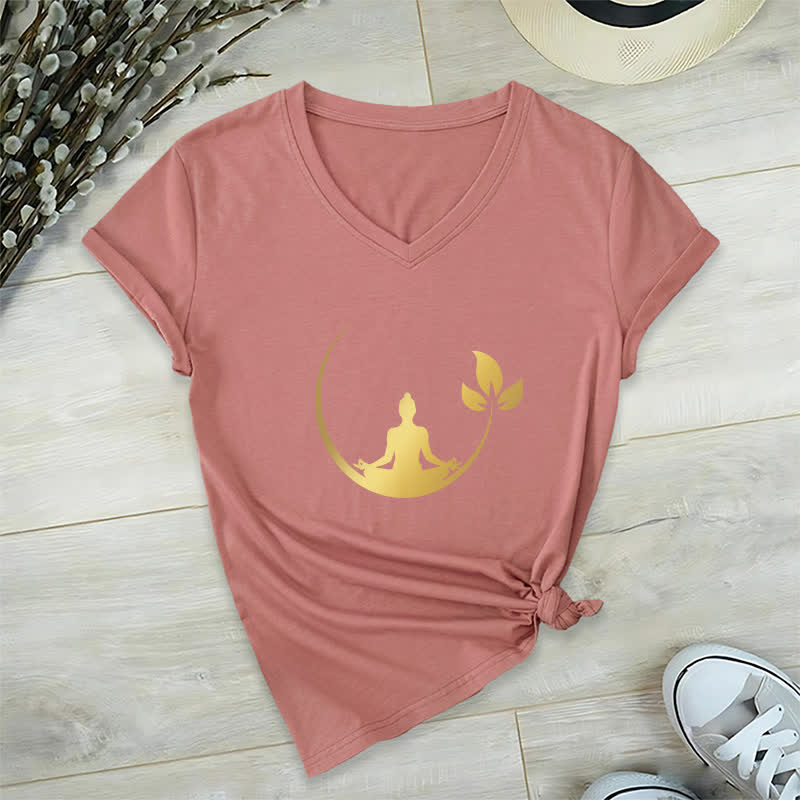 Olivenorma Yoga Lotus Buddha Meditation V-Neck T-Shirt - Pink - 2XL - image 18